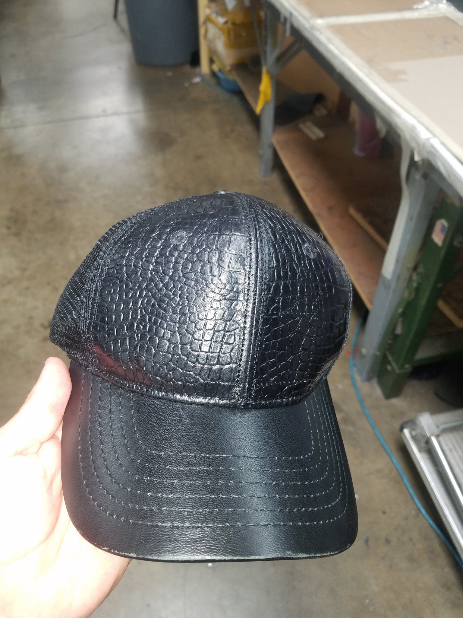 Black Label Trucker Hat, Alagator embossed Italian Leather & Italian leather