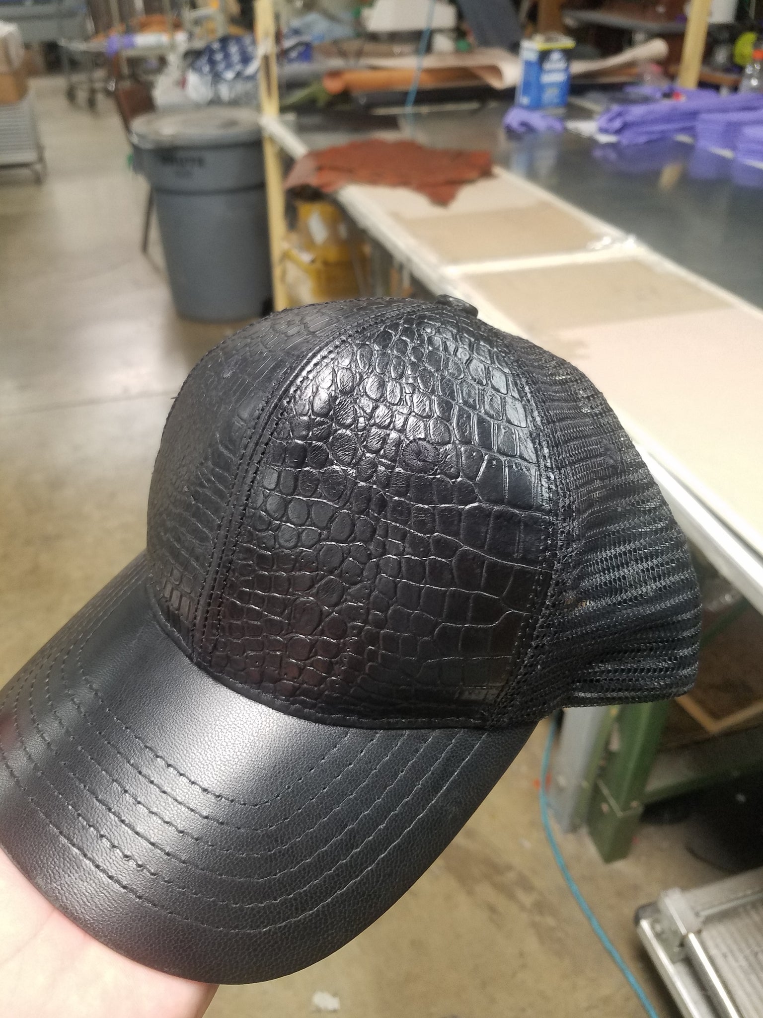 Black Label Trucker Hat, Alagator embossed Italian Leather & Italian leather
