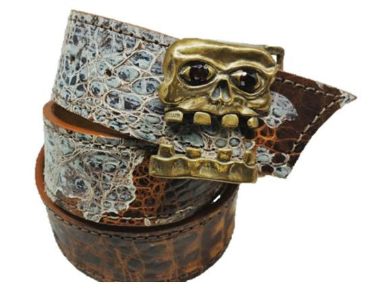 Leather Belt - Caribbean Skull - Distressed Alligator - Garnet Stone