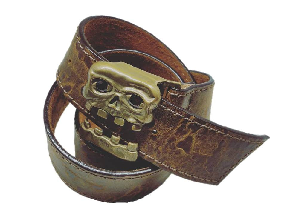 Leather Belt - Caribbean Skull - Cannibal Cow - Garnet Stone