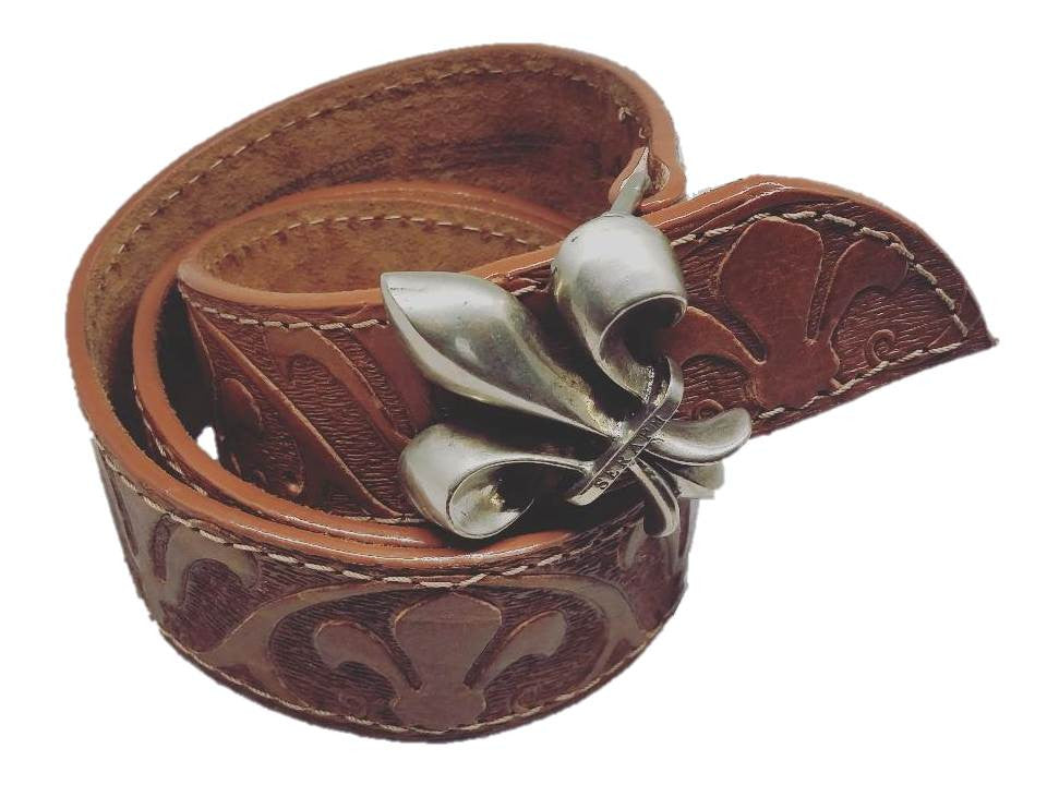 Leather Belt - Fleur De Lis - Cafe