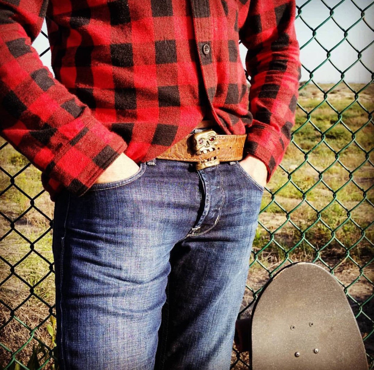 Leather Belt - Caribbean Skull - Cannibal Cow - Garnet Stone